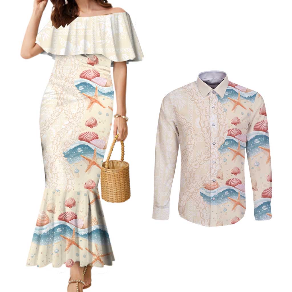 Beige Hawaii Lei Seashells Starfish Couples Matching Mermaid Dress and Long Sleeve Button Shirt Sandy Sylized - Polynesian Pride