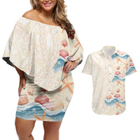 Beige Hawaii Lei Seashells Starfish Couples Matching Off Shoulder Short Dress and Hawaiian Shirt Sandy Sylized - Polynesian Pride