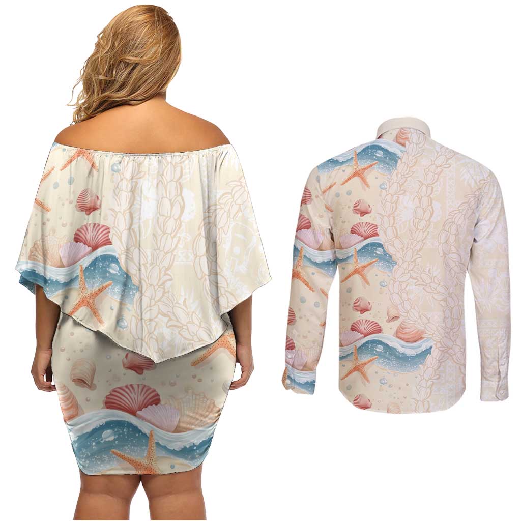 Beige Hawaii Lei Seashells Starfish Couples Matching Off Shoulder Short Dress and Long Sleeve Button Shirt Sandy Sylized - Polynesian Pride