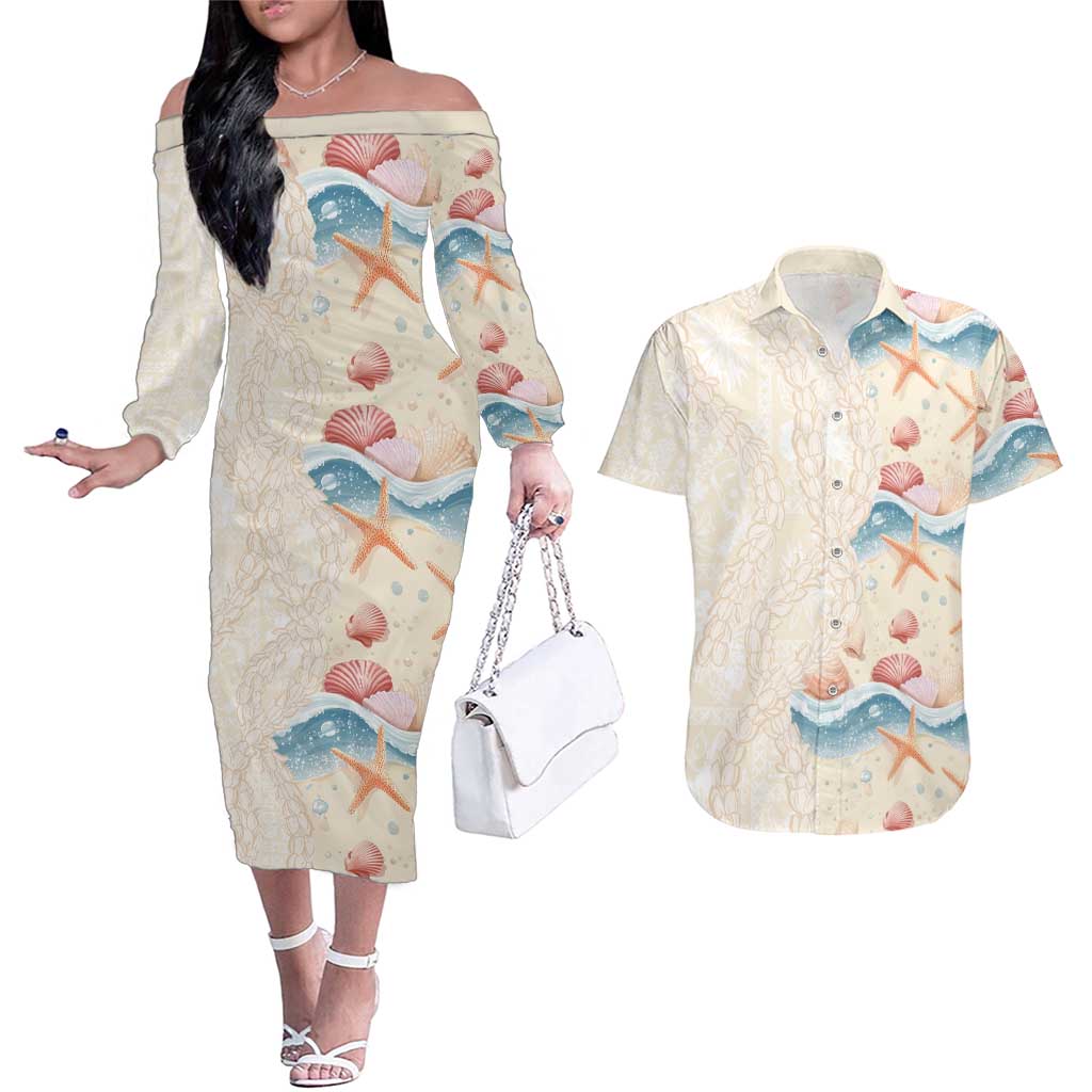 Beige Hawaii Lei Seashells Starfish Couples Matching Off The Shoulder Long Sleeve Dress and Hawaiian Shirt Sandy Sylized - Polynesian Pride