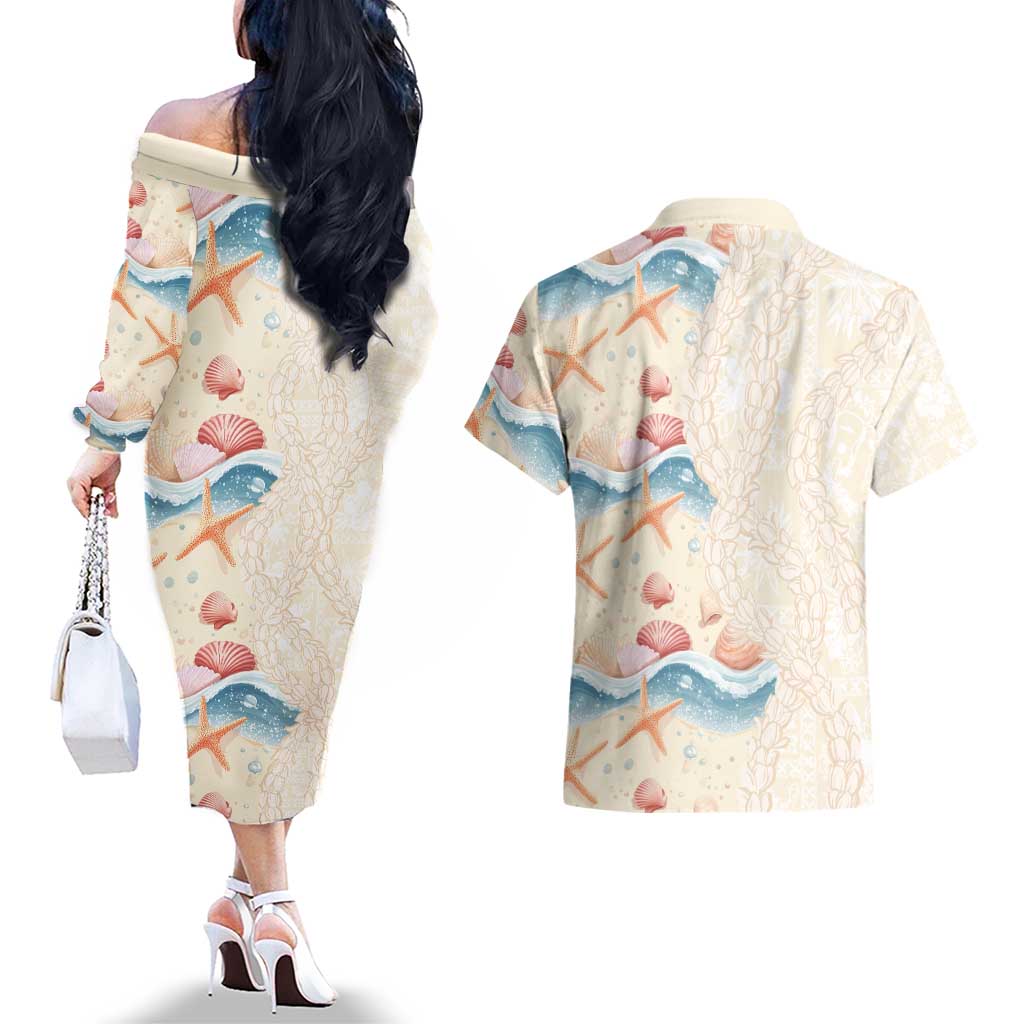 Beige Hawaii Lei Seashells Starfish Couples Matching Off The Shoulder Long Sleeve Dress and Hawaiian Shirt Sandy Sylized LT01 - Polynesian Pride