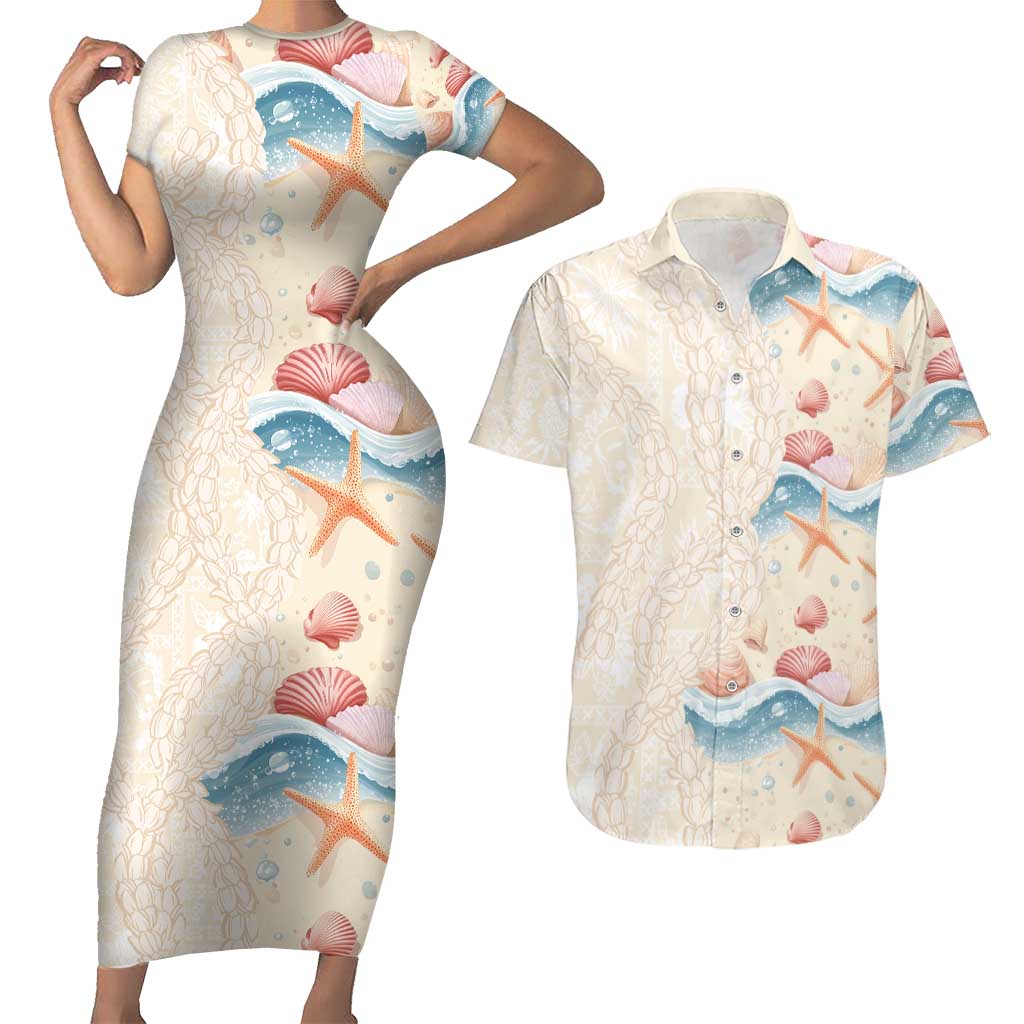Beige Hawaii Lei Seashells Starfish Couples Matching Short Sleeve Bodycon Dress and Hawaiian Shirt Sandy Sylized - Polynesian Pride
