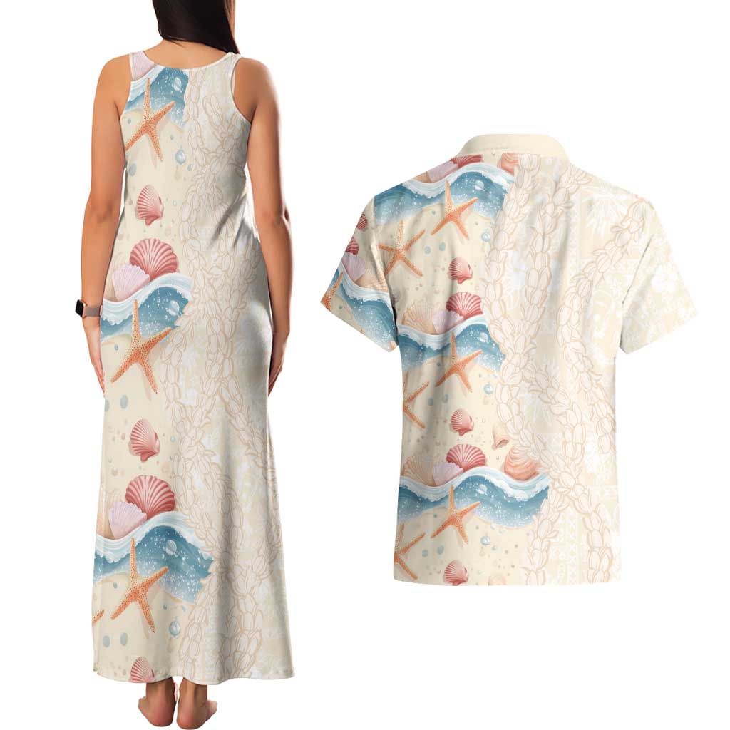 Beige Hawaii Lei Seashells Starfish Couples Matching Tank Maxi Dress and Hawaiian Shirt Sandy Sylized - Polynesian Pride