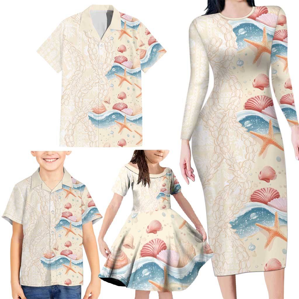 Beige Hawaii Lei Seashells Starfish Family Matching Long Sleeve Bodycon Dress and Hawaiian Shirt Sandy Sylized LT01 - Polynesian Pride