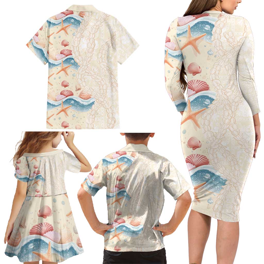 Beige Hawaii Lei Seashells Starfish Family Matching Long Sleeve Bodycon Dress and Hawaiian Shirt Sandy Sylized LT01 - Polynesian Pride