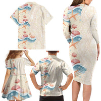 Beige Hawaii Lei Seashells Starfish Family Matching Long Sleeve Bodycon Dress and Hawaiian Shirt Sandy Sylized LT01 - Polynesian Pride