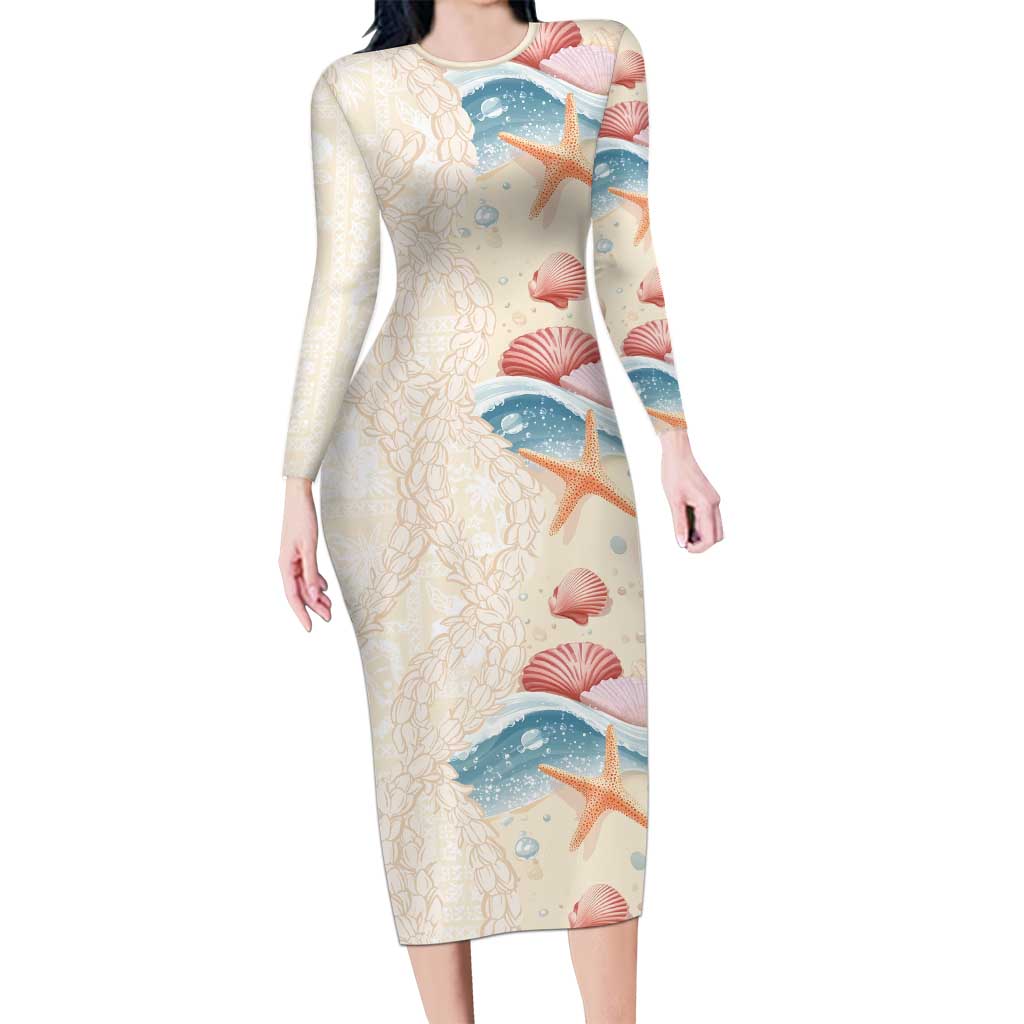 Beige Hawaii Lei Seashells Starfish Family Matching Long Sleeve Bodycon Dress and Hawaiian Shirt Sandy Sylized LT01 Mom's Dress Beige - Polynesian Pride