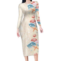 Beige Hawaii Lei Seashells Starfish Family Matching Long Sleeve Bodycon Dress and Hawaiian Shirt Sandy Sylized LT01 Mom's Dress Beige - Polynesian Pride