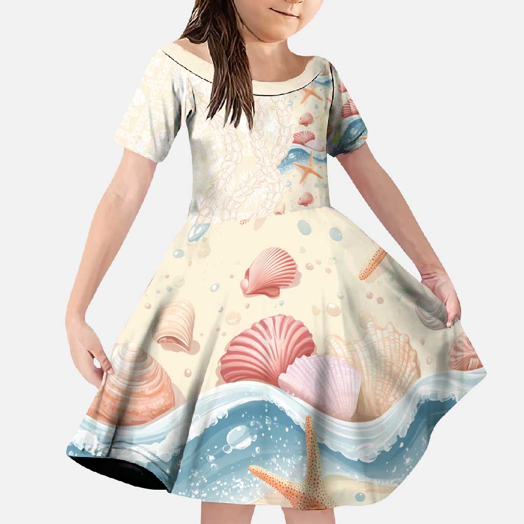 Beige Hawaii Lei Seashells Starfish Family Matching Mermaid Dress and Hawaiian Shirt Sandy Sylized LT01 Daughter's Dress Beige - Polynesian Pride