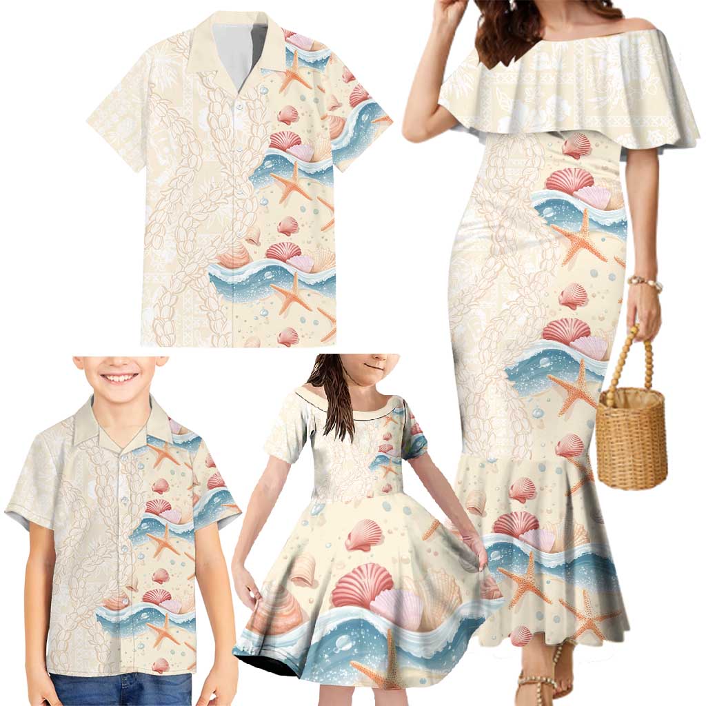 Beige Hawaii Lei Seashells Starfish Family Matching Mermaid Dress and Hawaiian Shirt Sandy Sylized LT01 - Polynesian Pride