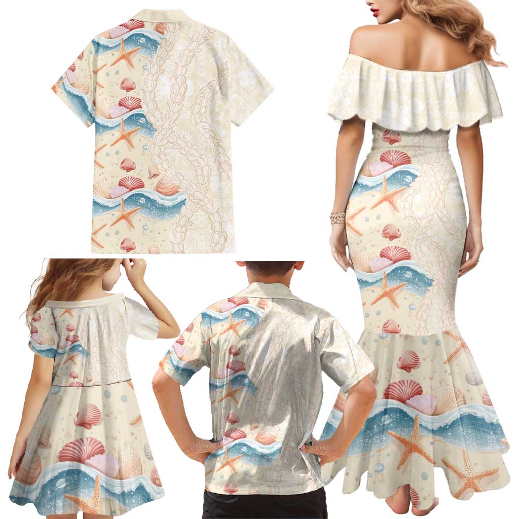 Beige Hawaii Lei Seashells Starfish Family Matching Mermaid Dress and Hawaiian Shirt Sandy Sylized LT01 - Polynesian Pride