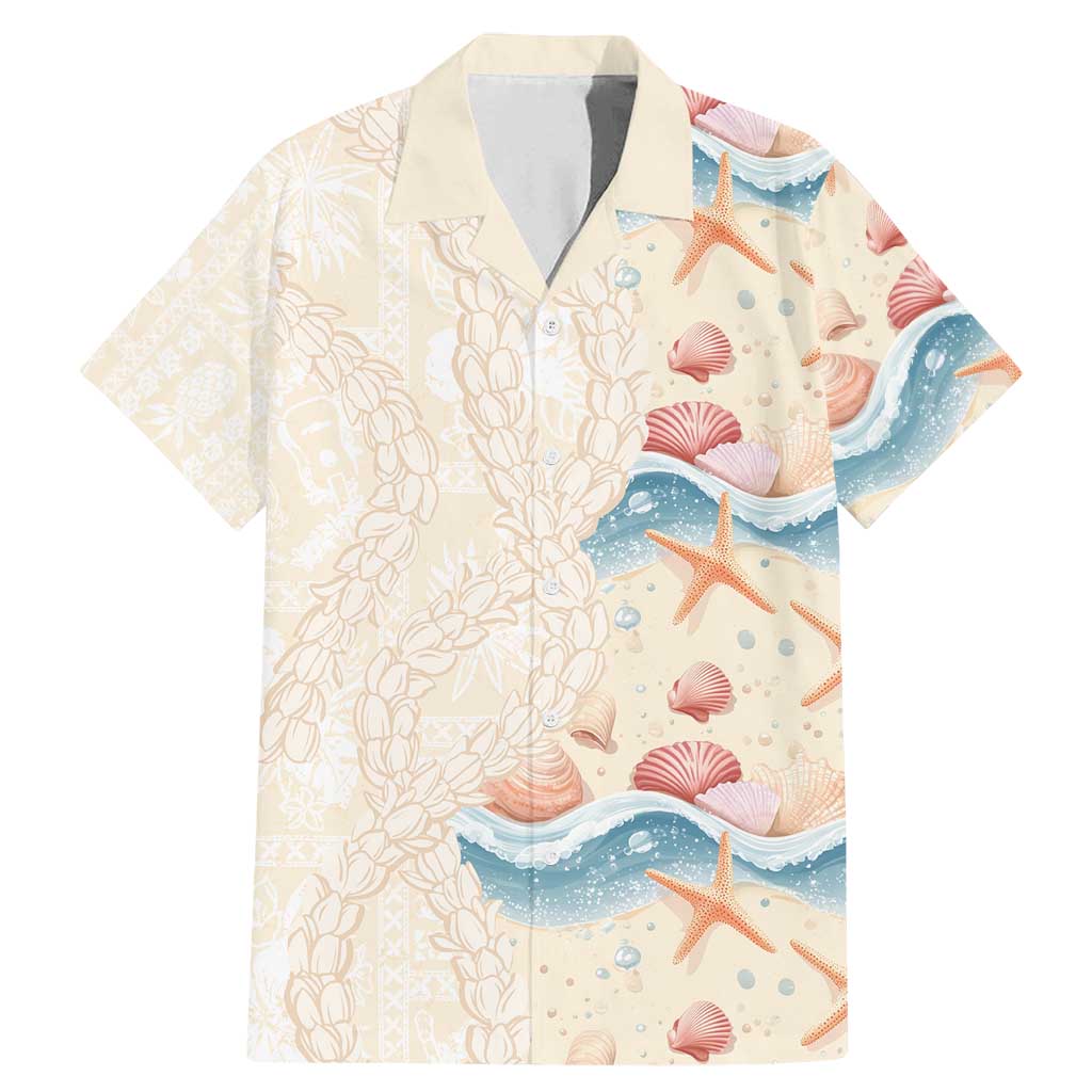 Beige Hawaii Lei Seashells Starfish Family Matching Mermaid Dress and Hawaiian Shirt Sandy Sylized LT01 Dad's Shirt - Short Sleeve Beige - Polynesian Pride