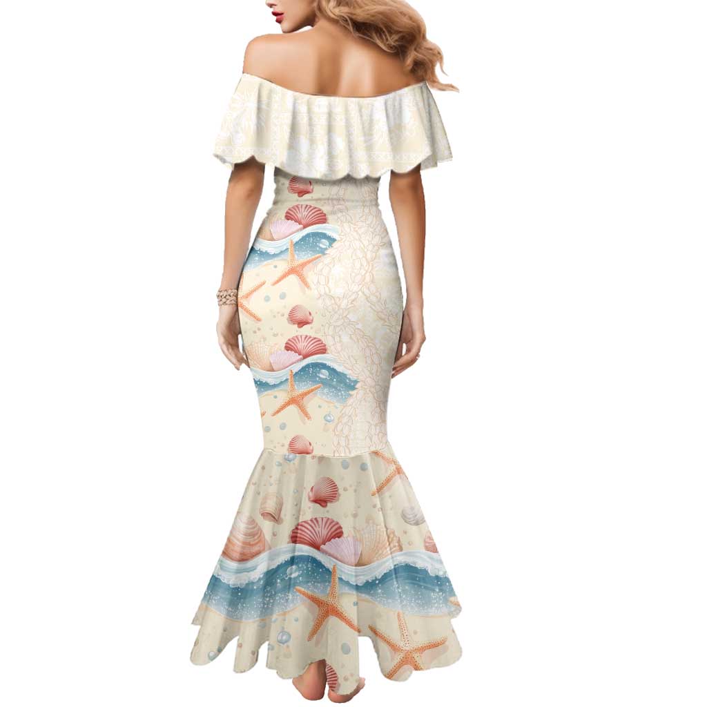 Beige Hawaii Lei Seashells Starfish Family Matching Mermaid Dress and Hawaiian Shirt Sandy Sylized LT01 - Polynesian Pride