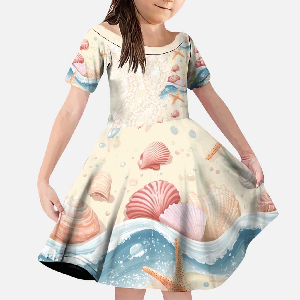 Beige Hawaii Lei Seashells Starfish Family Matching Off Shoulder Maxi Dress and Hawaiian Shirt Sandy Sylized LT01 Daughter's Dress Beige - Polynesian Pride