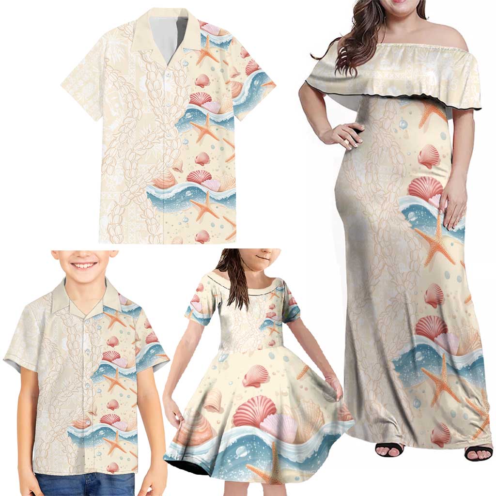 Beige Hawaii Lei Seashells Starfish Family Matching Off Shoulder Maxi Dress and Hawaiian Shirt Sandy Sylized LT01 - Polynesian Pride
