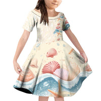 Beige Hawaii Lei Seashells Starfish Family Matching Off Shoulder Short Dress and Hawaiian Shirt Sandy Sylized LT01 Daughter's Dress Beige - Polynesian Pride