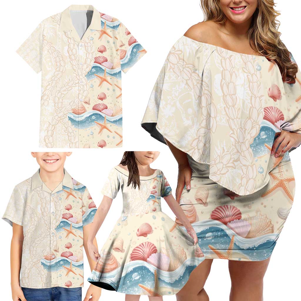 Beige Hawaii Lei Seashells Starfish Family Matching Off Shoulder Short Dress and Hawaiian Shirt Sandy Sylized LT01 - Polynesian Pride