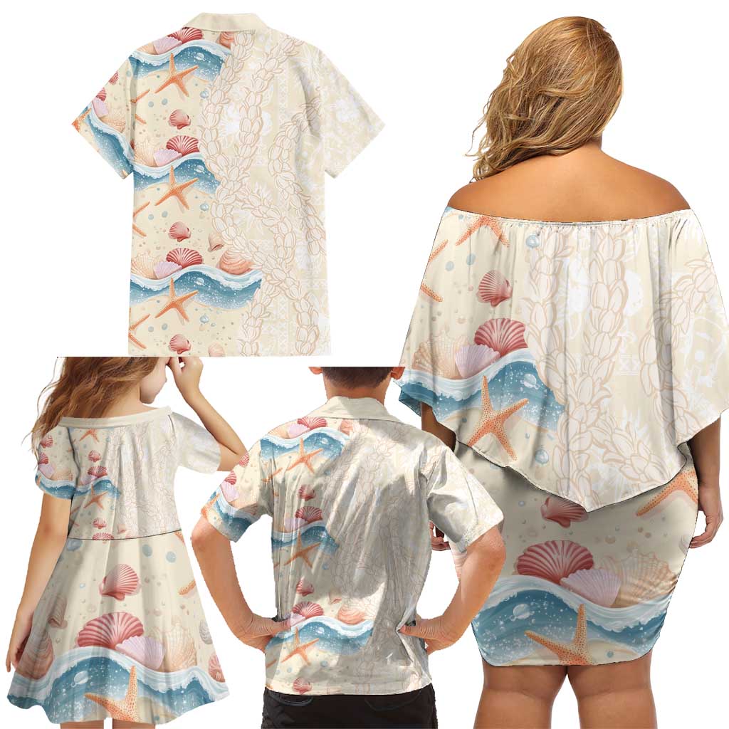 Beige Hawaii Lei Seashells Starfish Family Matching Off Shoulder Short Dress and Hawaiian Shirt Sandy Sylized LT01 - Polynesian Pride