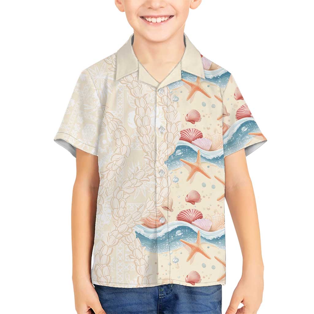 Beige Hawaii Lei Seashells Starfish Family Matching Off Shoulder Short Dress and Hawaiian Shirt Sandy Sylized LT01 Son's Shirt Beige - Polynesian Pride