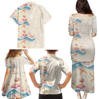 Beige Hawaii Lei Seashells Starfish Family Matching Puletasi and Hawaiian Shirt Sandy Sylized - Polynesian Pride