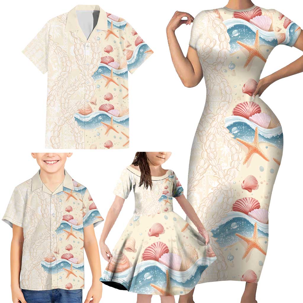 Beige Hawaii Lei Seashells Starfish Family Matching Short Sleeve Bodycon Dress and Hawaiian Shirt Sandy Sylized LT01 - Polynesian Pride