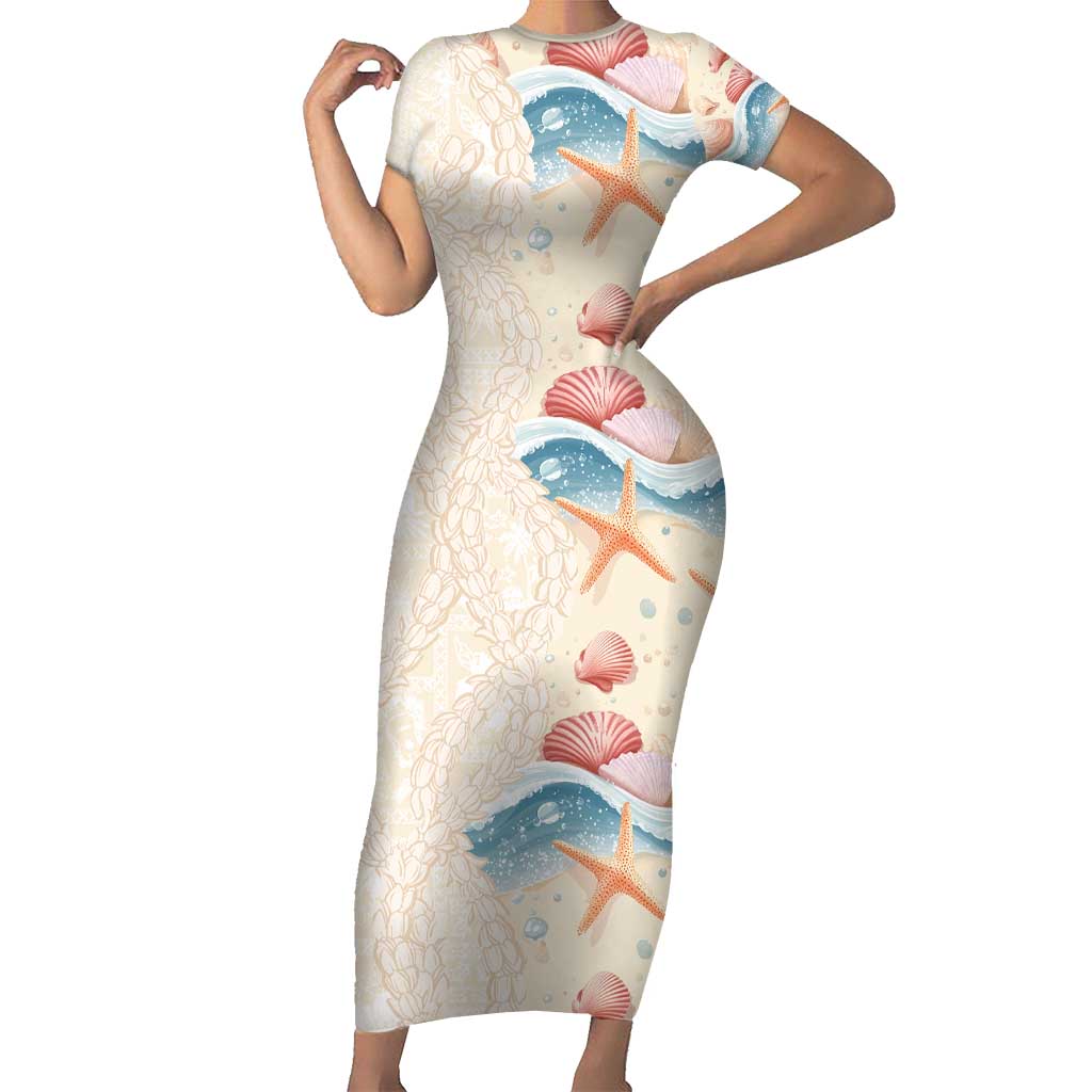 Beige Hawaii Lei Seashells Starfish Family Matching Short Sleeve Bodycon Dress and Hawaiian Shirt Sandy Sylized LT01 Mom's Dress Beige - Polynesian Pride
