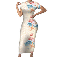 Beige Hawaii Lei Seashells Starfish Family Matching Short Sleeve Bodycon Dress and Hawaiian Shirt Sandy Sylized LT01 Mom's Dress Beige - Polynesian Pride
