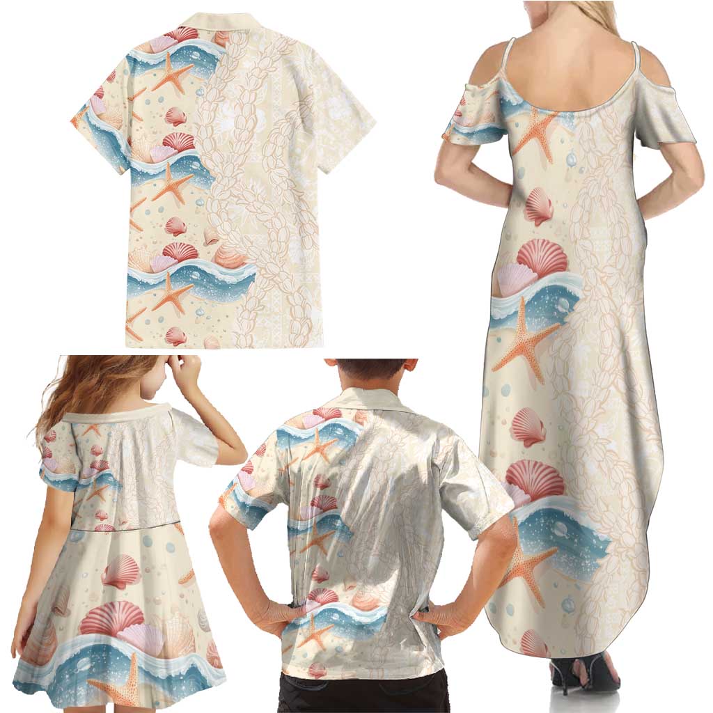 Beige Hawaii Lei Seashells Starfish Family Matching Summer Maxi Dress and Hawaiian Shirt Sandy Sylized LT01 - Polynesian Pride