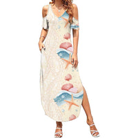 Beige Hawaii Lei Seashells Starfish Family Matching Summer Maxi Dress and Hawaiian Shirt Sandy Sylized LT01 Mom's Dress Beige - Polynesian Pride