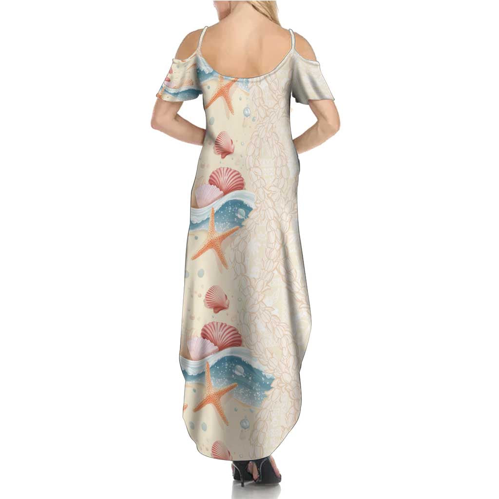 Beige Hawaii Lei Seashells Starfish Family Matching Summer Maxi Dress and Hawaiian Shirt Sandy Sylized LT01 - Polynesian Pride