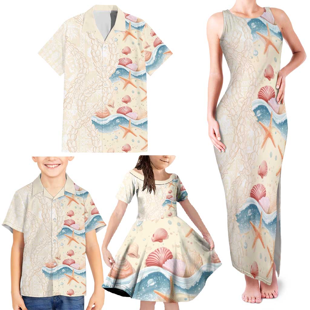 Beige Hawaii Lei Seashells Starfish Family Matching Tank Maxi Dress and Hawaiian Shirt Sandy Sylized LT01 - Polynesian Pride