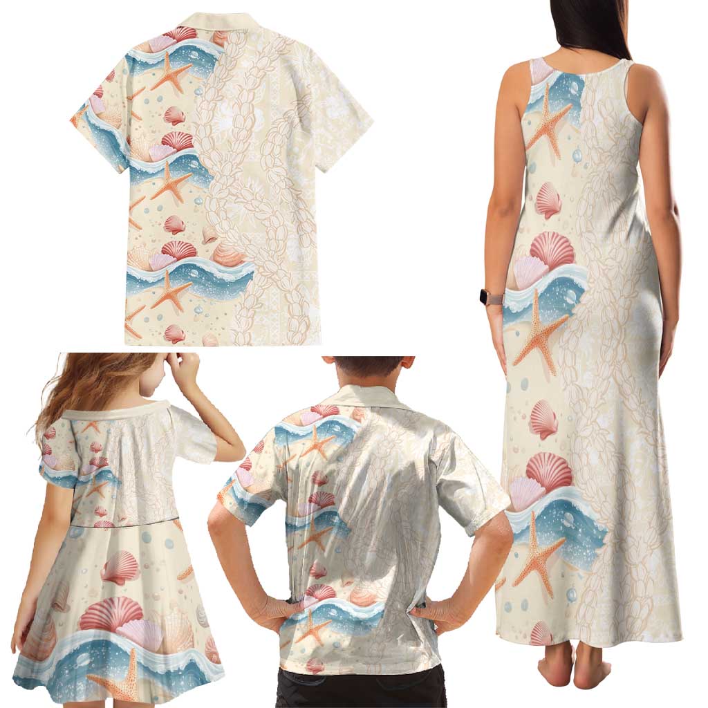 Beige Hawaii Lei Seashells Starfish Family Matching Tank Maxi Dress and Hawaiian Shirt Sandy Sylized LT01 - Polynesian Pride