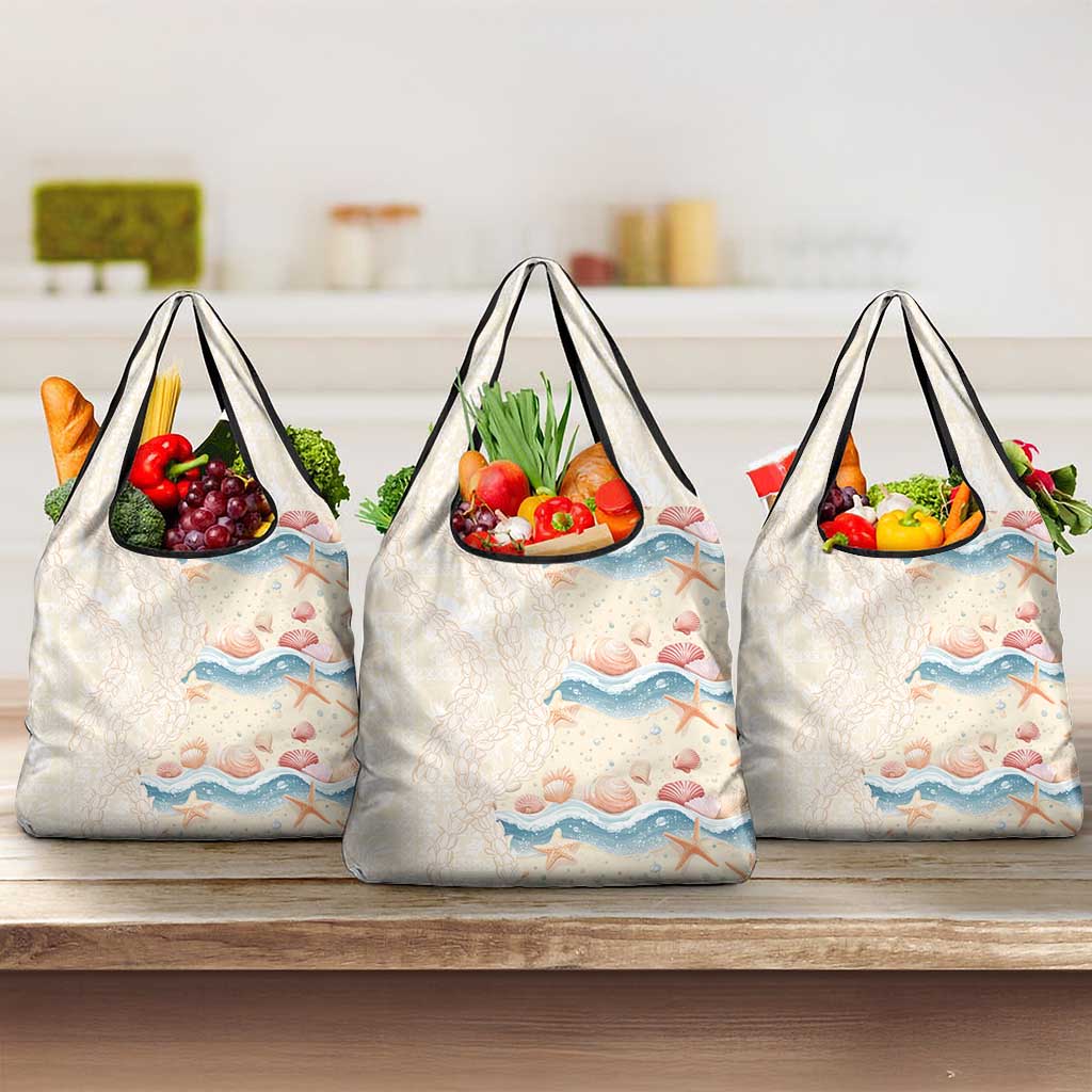 Beige Hawaii Lei Seashells Starfish Grocery Bag Sandy Sylized - Polynesian Pride