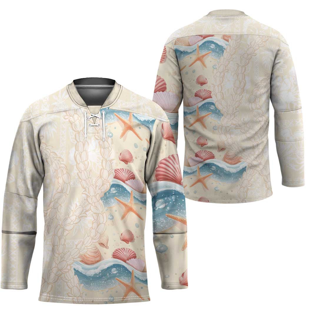 Beige Hawaii Lei Seashells Starfish Hockey Jersey Sandy Sylized - Polynesian Pride