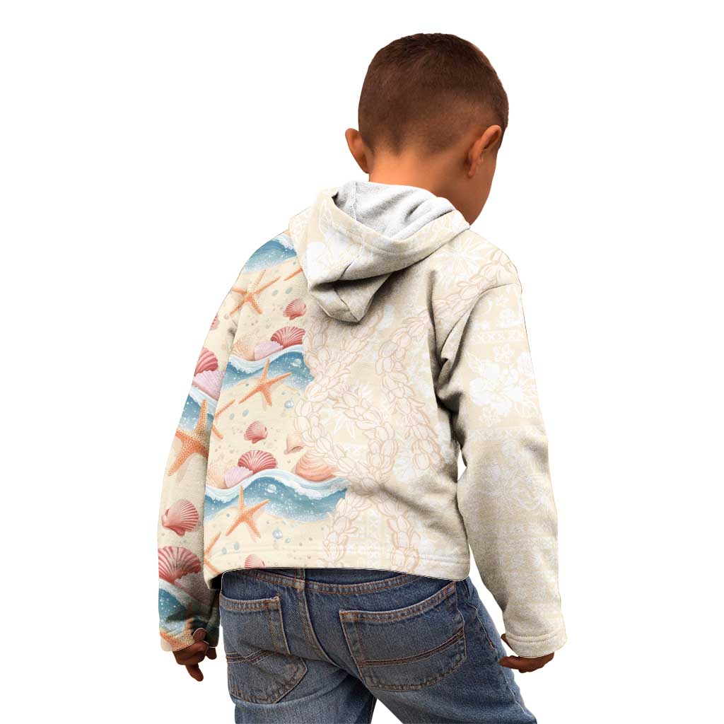 Beige Hawaii Lei Seashells Starfish Kid Hoodie Sandy Sylized - Polynesian Pride