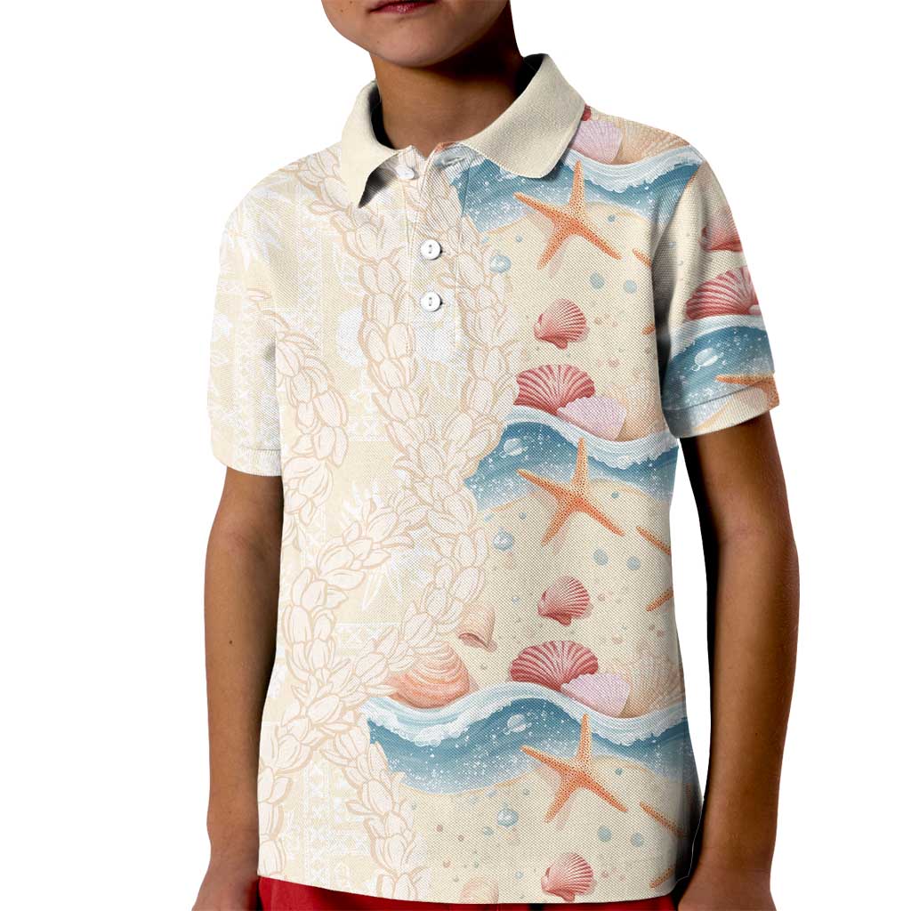 Beige Hawaii Lei Seashells Starfish Kid Polo Shirt Sandy Sylized LT01 Kid Beige - Polynesian Pride
