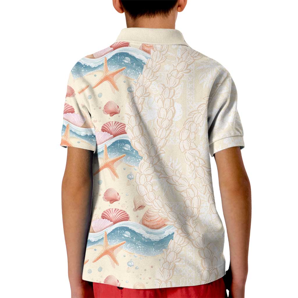 Beige Hawaii Lei Seashells Starfish Kid Polo Shirt Sandy Sylized LT01 - Polynesian Pride