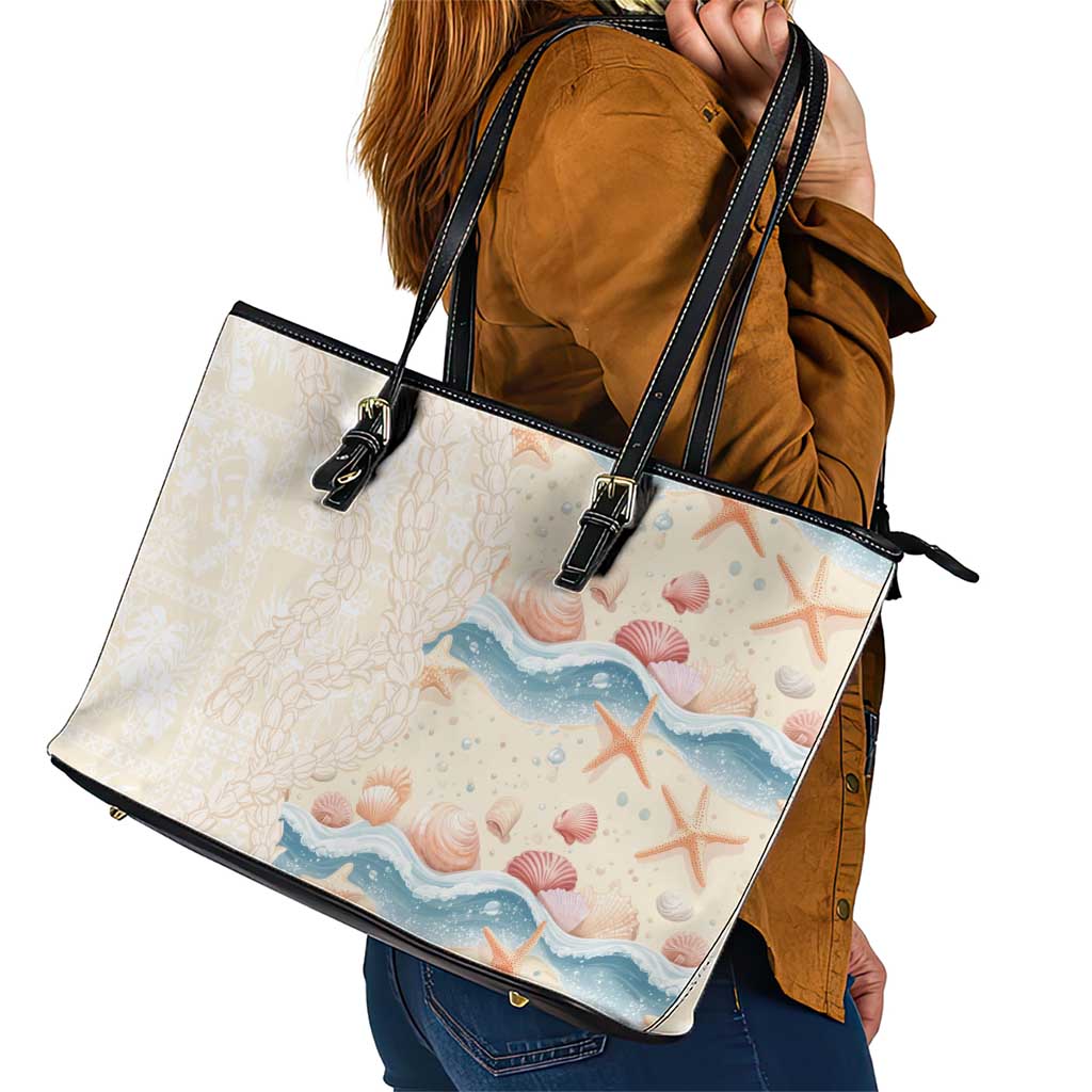 Beige Hawaii Lei Seashells Starfish Leather Tote Bag Sandy Sylized - Polynesian Pride