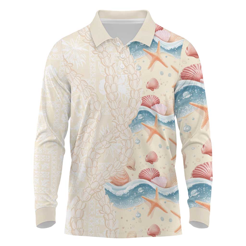 Beige Hawaii Lei Seashells Starfish Long Sleeve Polo Shirt Sandy Sylized LT01 Beige - Polynesian Pride