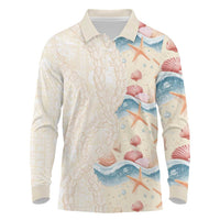 Beige Hawaii Lei Seashells Starfish Long Sleeve Polo Shirt Sandy Sylized LT01 Beige - Polynesian Pride