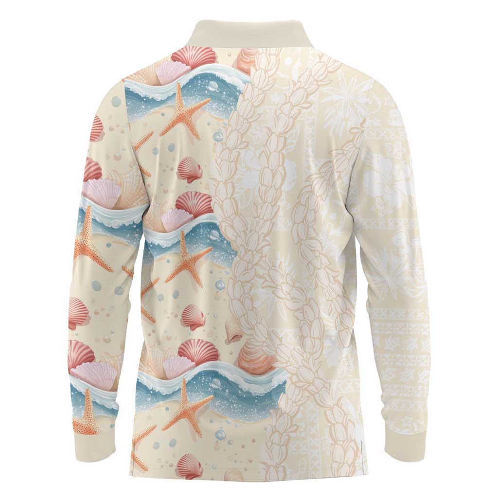 Beige Hawaii Lei Seashells Starfish Long Sleeve Polo Shirt Sandy Sylized LT01 - Polynesian Pride