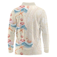 Beige Hawaii Lei Seashells Starfish Long Sleeve Polo Shirt Sandy Sylized LT01 - Polynesian Pride