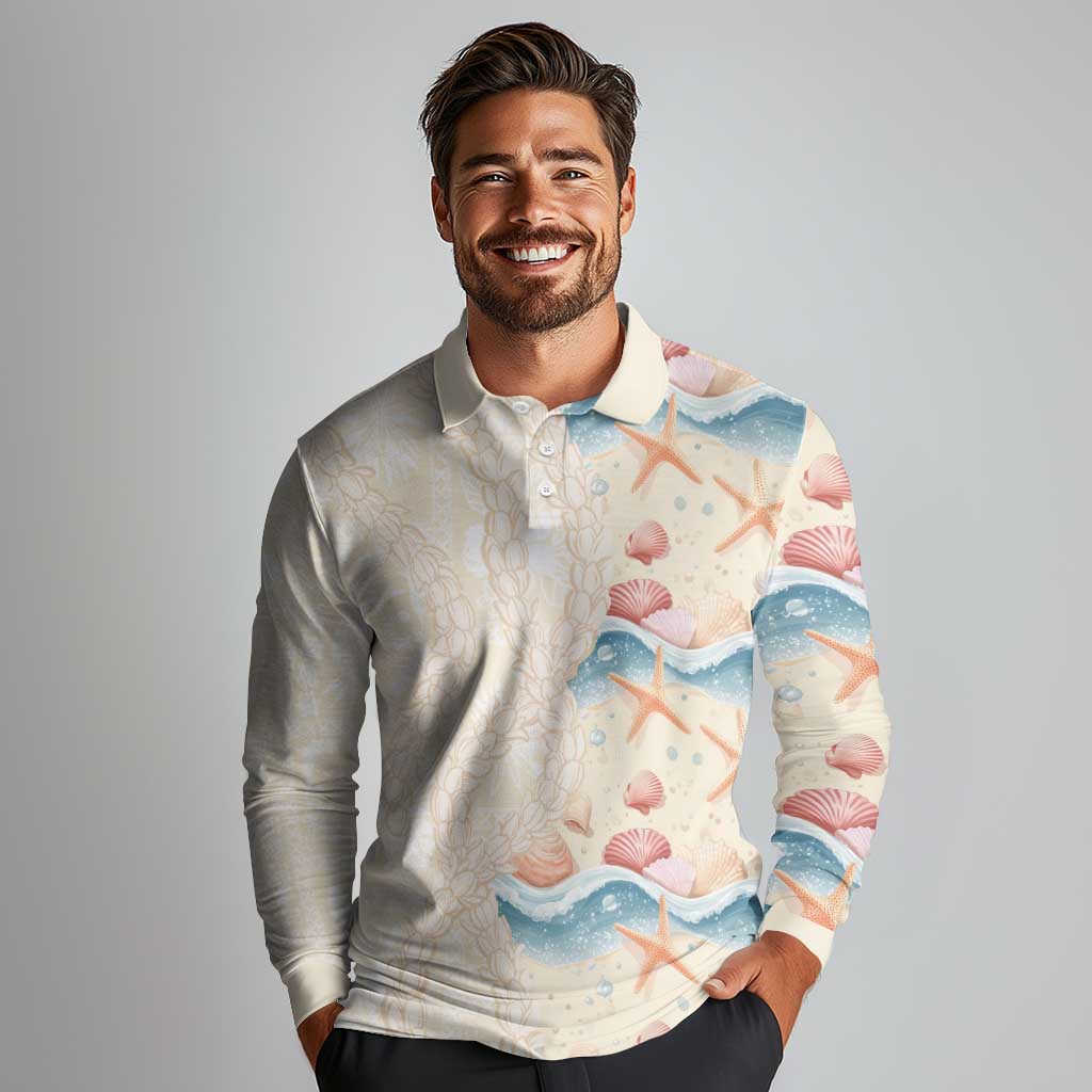 Beige Hawaii Lei Seashells Starfish Long Sleeve Polo Shirt Sandy Sylized LT01 - Polynesian Pride