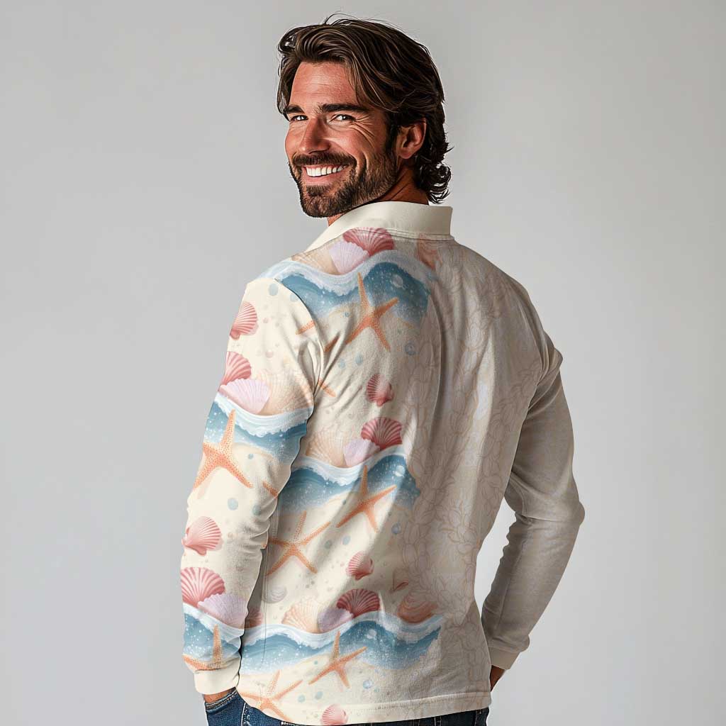 Beige Hawaii Lei Seashells Starfish Long Sleeve Polo Shirt Sandy Sylized LT01 - Polynesian Pride