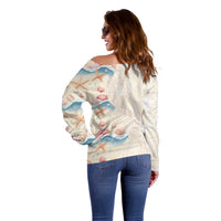 Beige Hawaii Lei Seashells Starfish Off Shoulder Sweater Sandy Sylized - Polynesian Pride