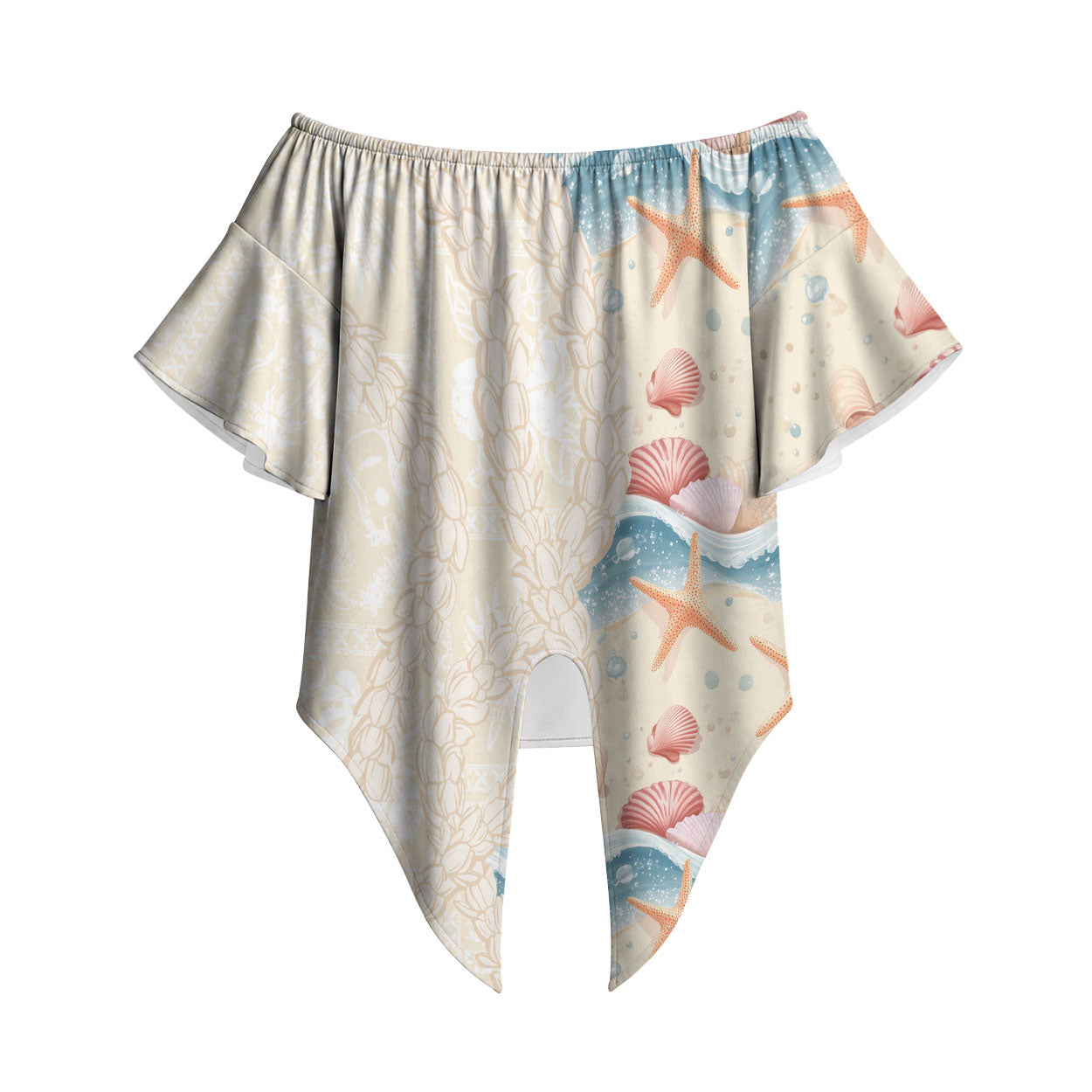 Beige Hawaii Lei Seashells Starfish Off Shoulder Wrap Waist Top Sandy Sylized LT01 Beige - Polynesian Pride