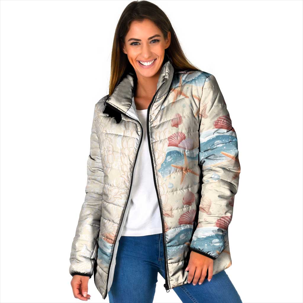 Beige Hawaii Lei Seashells Starfish Padded Jacket Sandy Sylized - Polynesian Pride