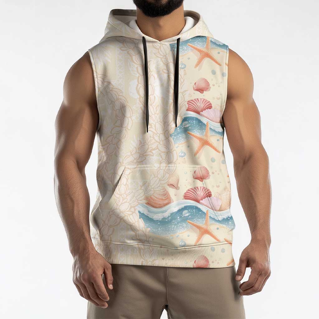 Beige Hawaii Lei Seashells Starfish Sleeveless Hoodie Sandy Sylized - Polynesian Pride