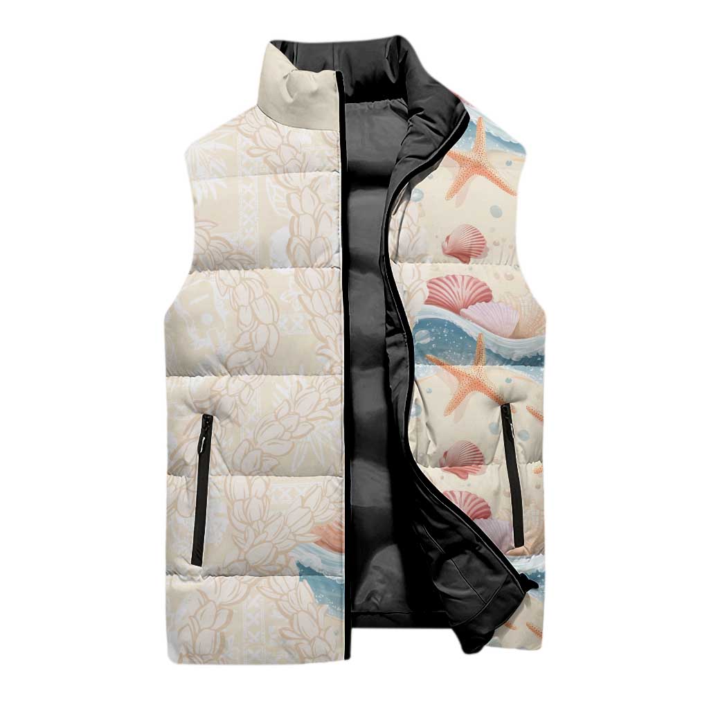 Beige Hawaii Lei Seashells Starfish Sleeveless Puffer Jacket Sandy Sylized - Polynesian Pride