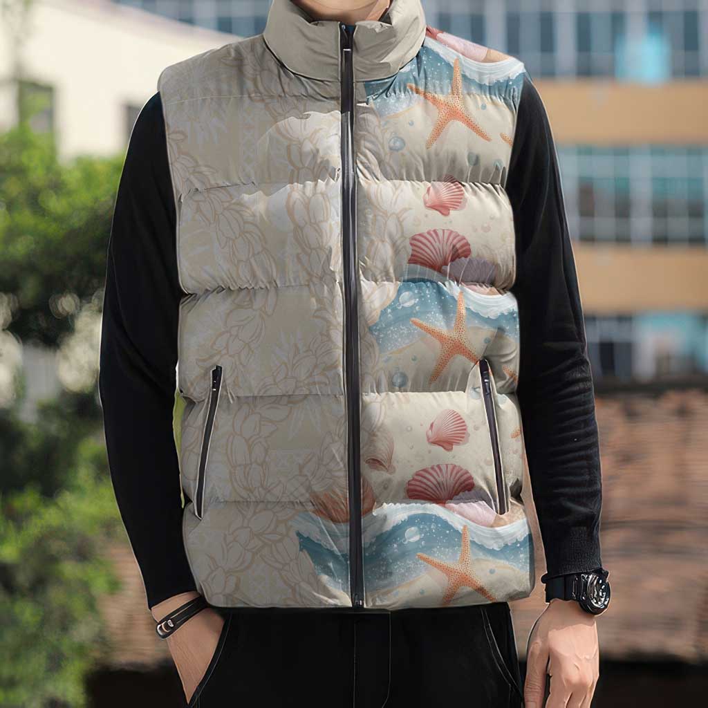 Beige Hawaii Lei Seashells Starfish Sleeveless Puffer Jacket Sandy Sylized - Polynesian Pride